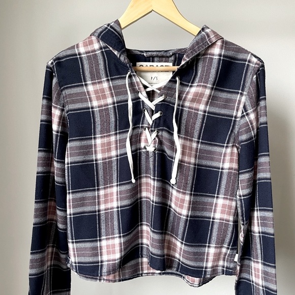 Garage Blue Cropped V-Neck Plaid Half Lace-Up Long Sleeve Shirt - Picture 2 of 6